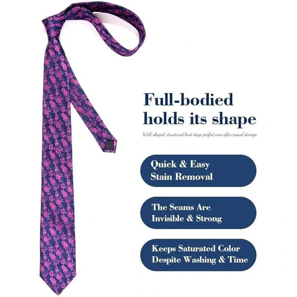 Men's 6pc Silk Blend Floral Tie Handkerchief Lapel Pin Cufflinks Set Pink/Purple